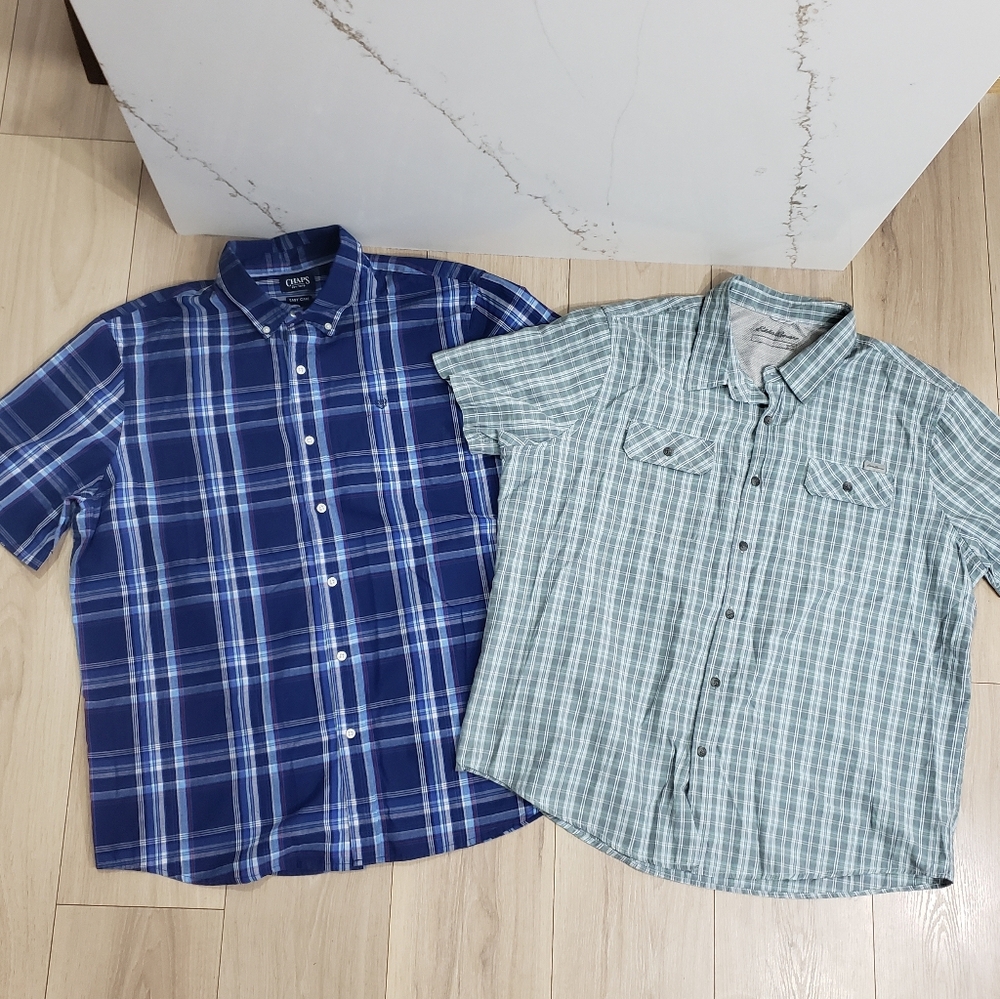 Plaid Shirt Lot of 2 Men’s XXL Blue Green Button-Up Eddie Bauer Chaps Dress Tops